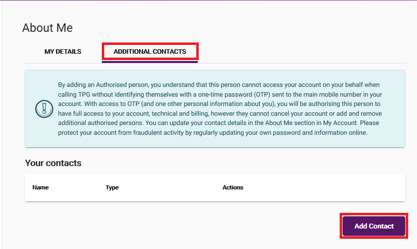 My Account - About Me - Additional Contacts