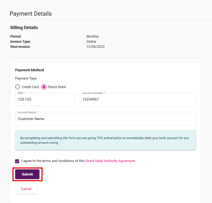 My Account - Direct Debit details entry