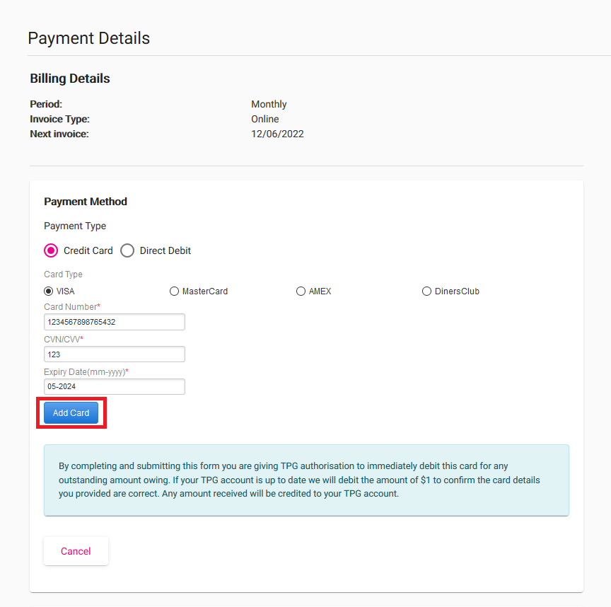 My Account - Credit Card details entry