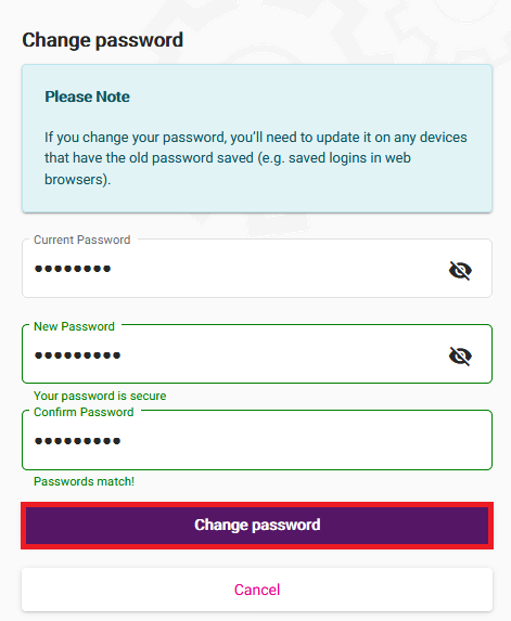 My Account - Change Password form