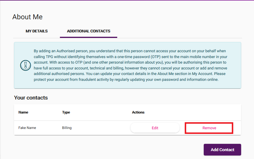 My Account - Additional Contacts - Remove