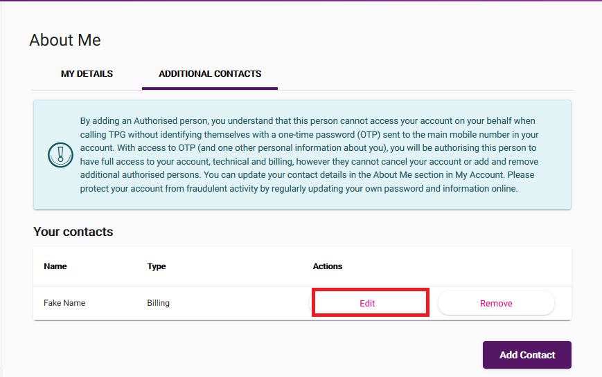 My Account - Additional Contacts - Edit