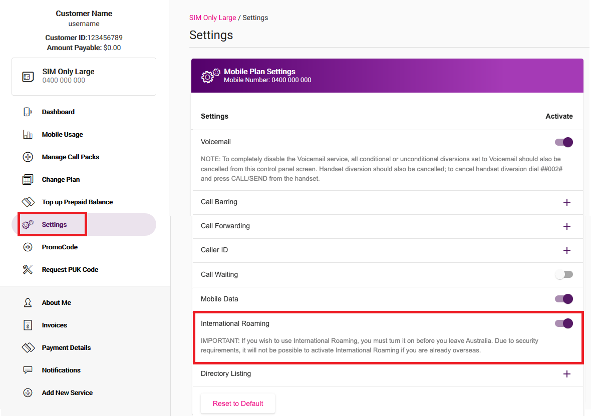 My Account - Roaming On