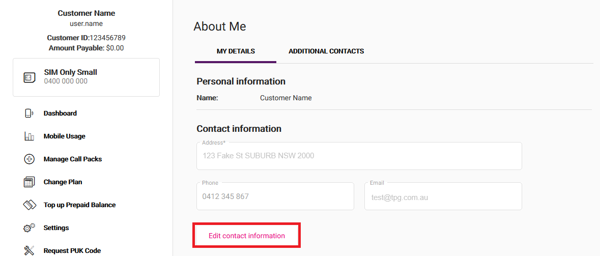My Account - Edit Contact information