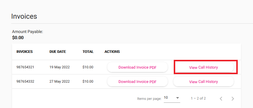 My Account - View Call History