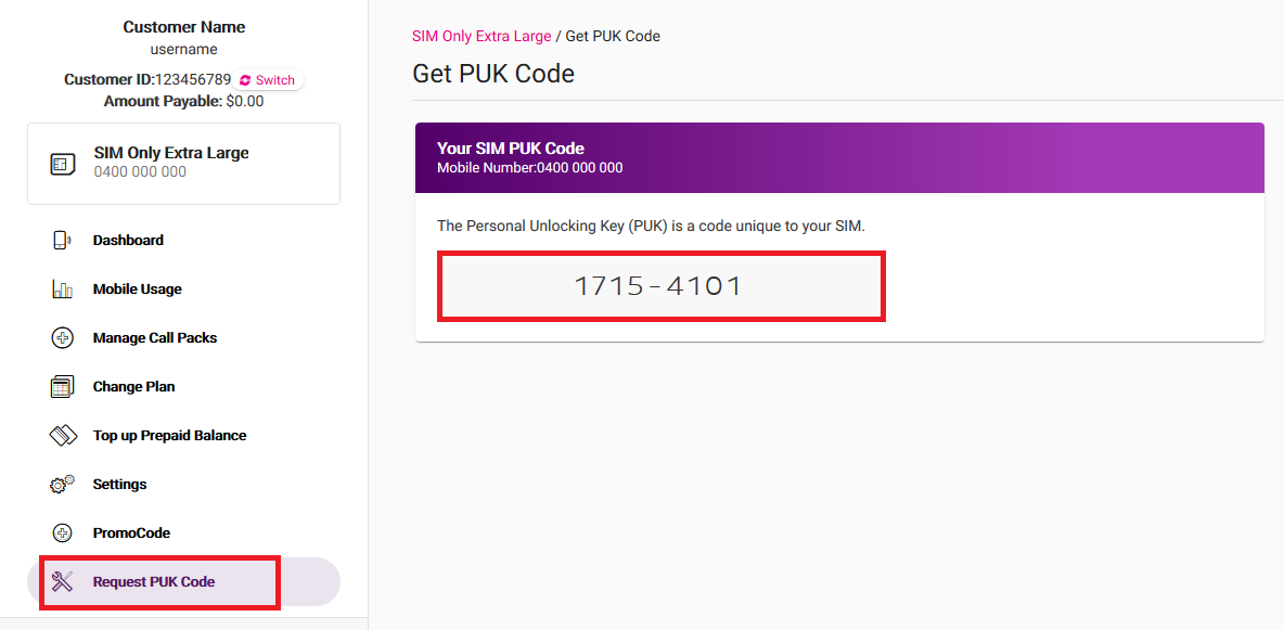 My Account - Mobile PUK Code