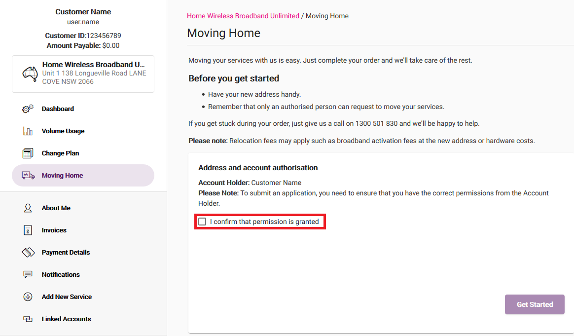 My Account - Moving Home - "I confirm that permission is granted"