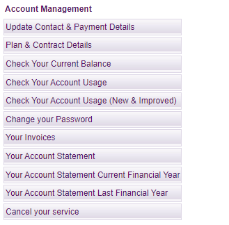 TPG My Account - Account Management menu