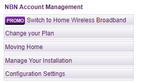 TPG My Account - NBN Account Management menu