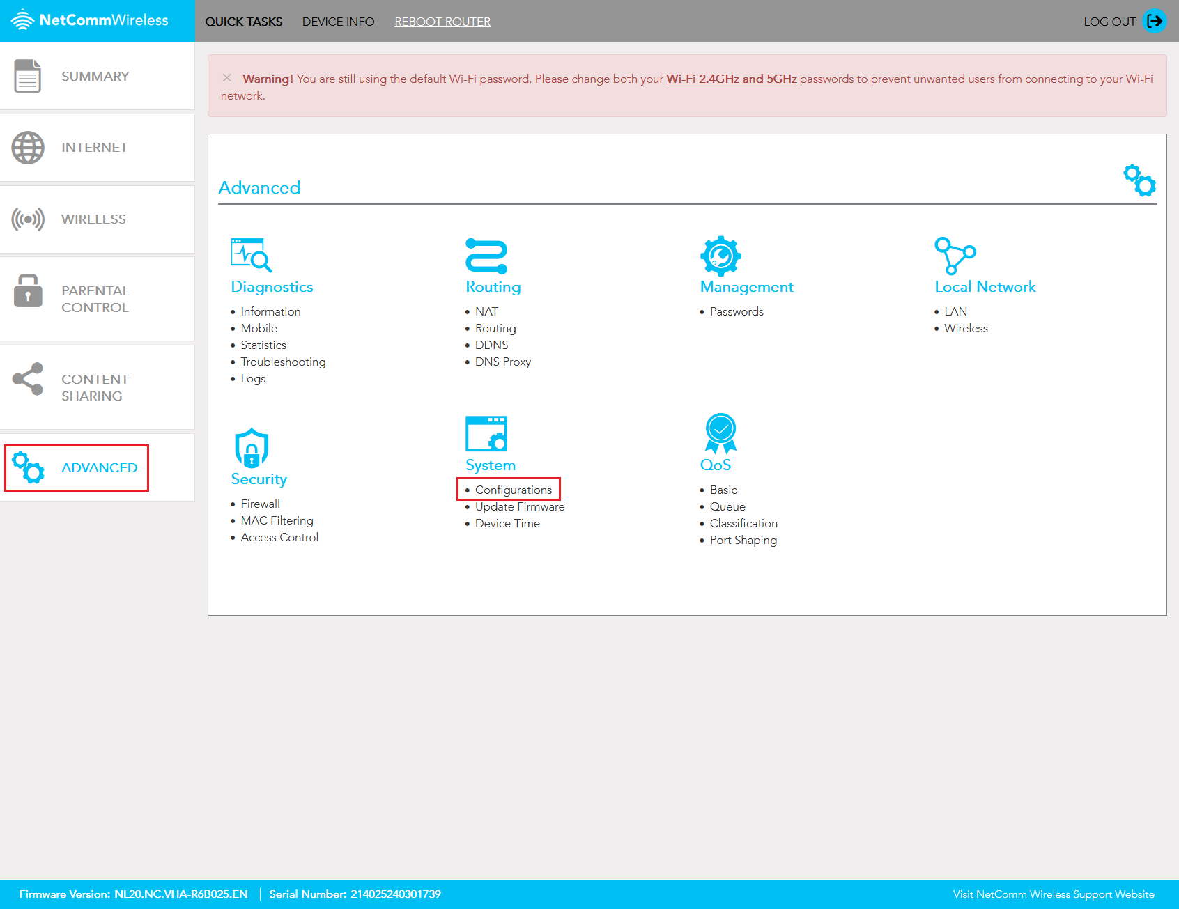 Netcomm NL20 Factory Reset Settings