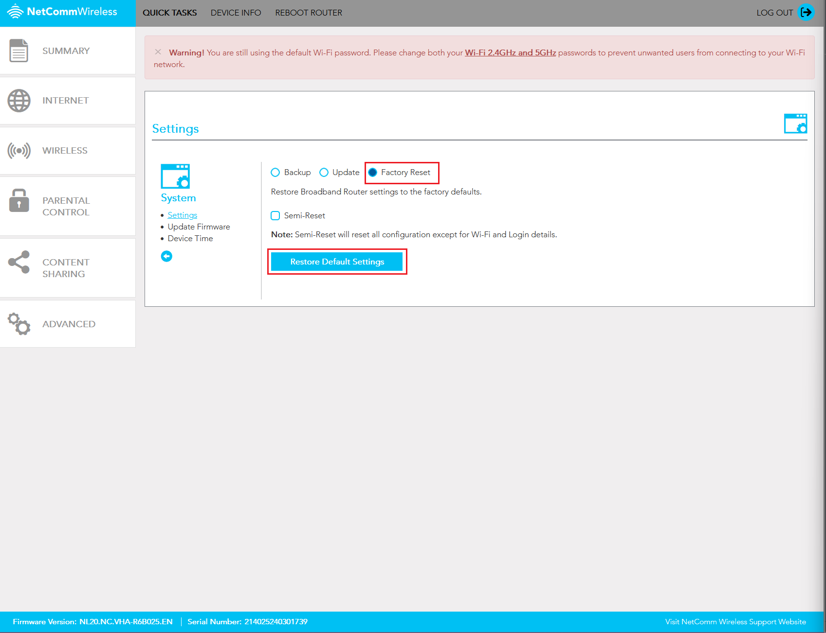Netcomm NL20 Factory Reset Settings