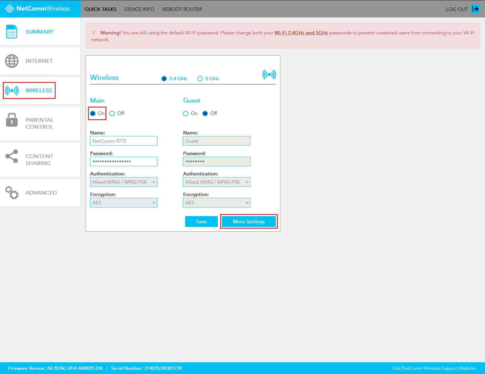 Netcomm NL20 Wi-Fi Settings