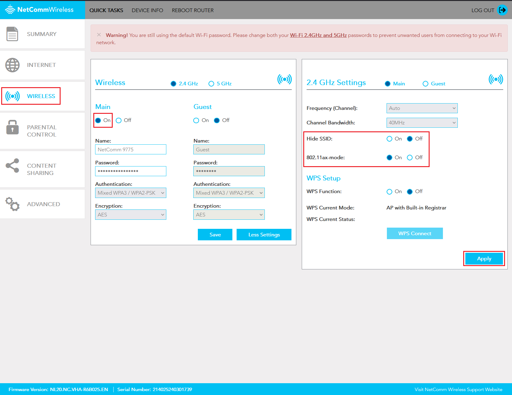 Netcomm NL20 Wi-Fi Settings