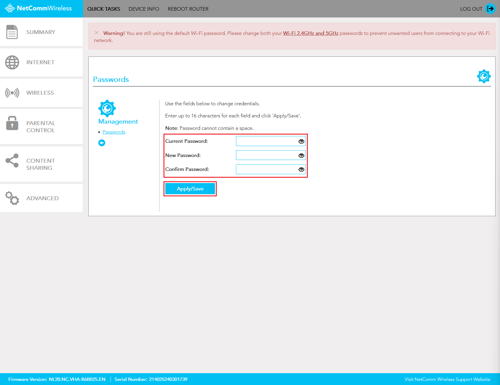 Netcomm NL20 Modem Password Settings
