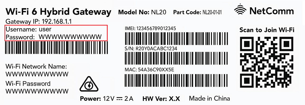 NetComm NL20 Modem Barcode Sticker