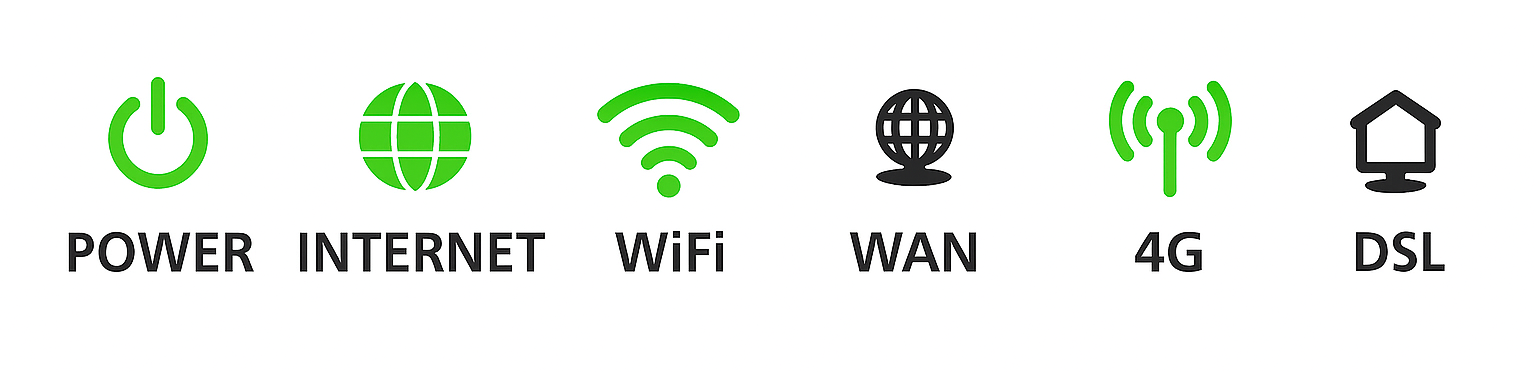 NetComm NL20 Lights - from left to right: Power, Internet, WiFi, WAN, 4G, DSL