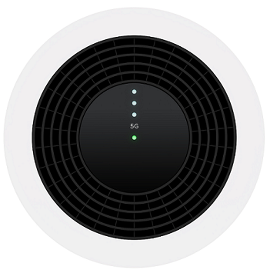 Photo of the circular top face of the Nokia FastMile modem. From centre outwards, the lights are Centre, 5G, then a row of 3 signal lights.