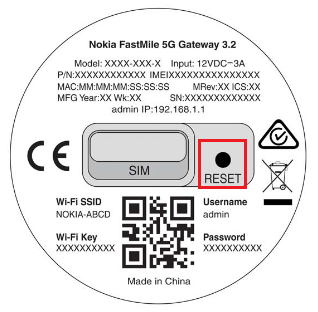 Nokia FastMile Reset button - Located to the right of the SIM slot cover