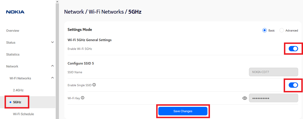 Nokia FastMile 3.2 5GHz Wi-Fi settings