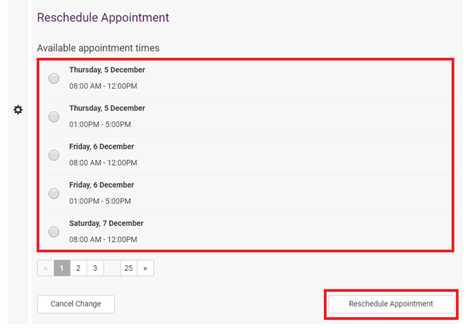 Reschedule Appointment - Available appointment times