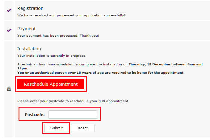 Reschedule appointment and enter postcode