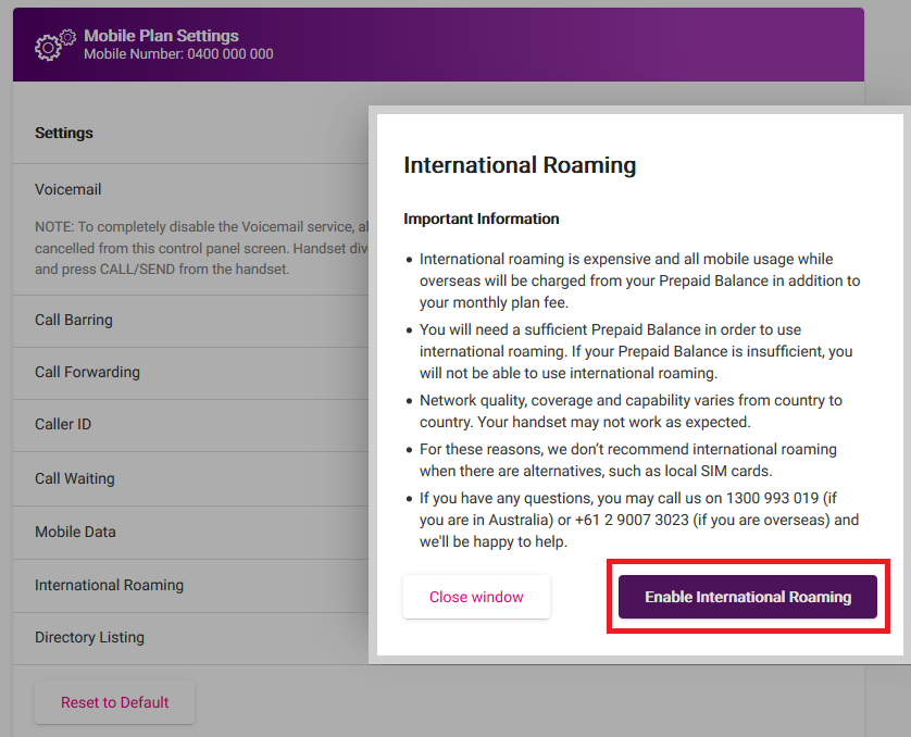 My Account - Roaming Confirmation
