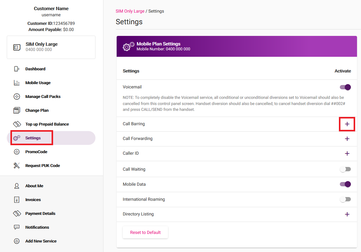 My Account - Call Barring 