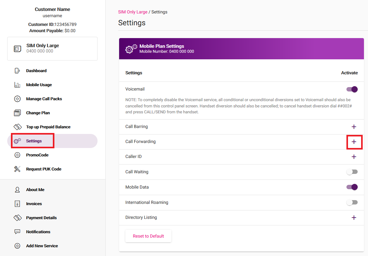 My Account - Call Forwarding 