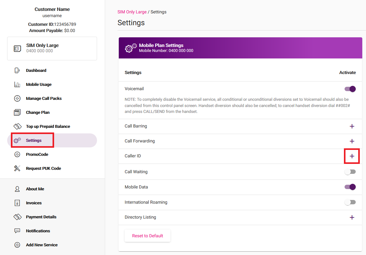 My Account - Caller ID Settings