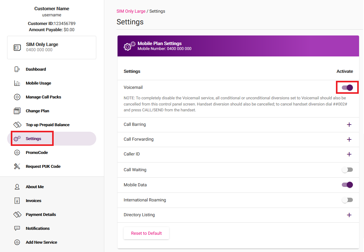 My Account - Voicemail Settings