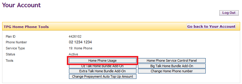 TPG My Account - Home Phone Usage button