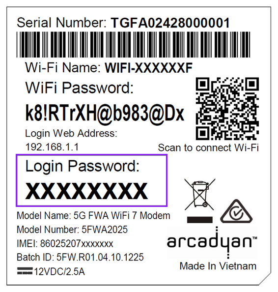 Example of Wi-Fi Max 5G Modem barcode sticker with "Login Password" highlighted.