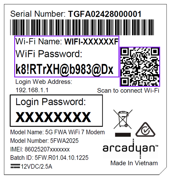 Example of Wi-Fi Max 5G Modem barcode sticker. The Wi-Fi Name and Wi-Fi Password is printed below the barcode. The “Scan to connect to Wi-Fi” QR code is on the right-hand side.