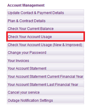 TPG My Account - Account Management menu