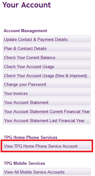 TPG My Account - Manage your NBN Home Phone menu