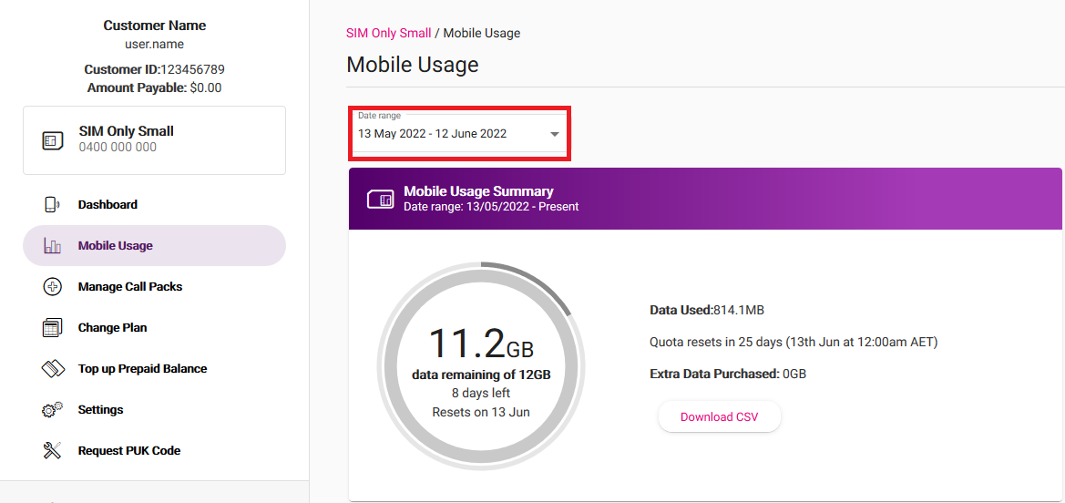 TPG Mobile Usage - Date range dropdown