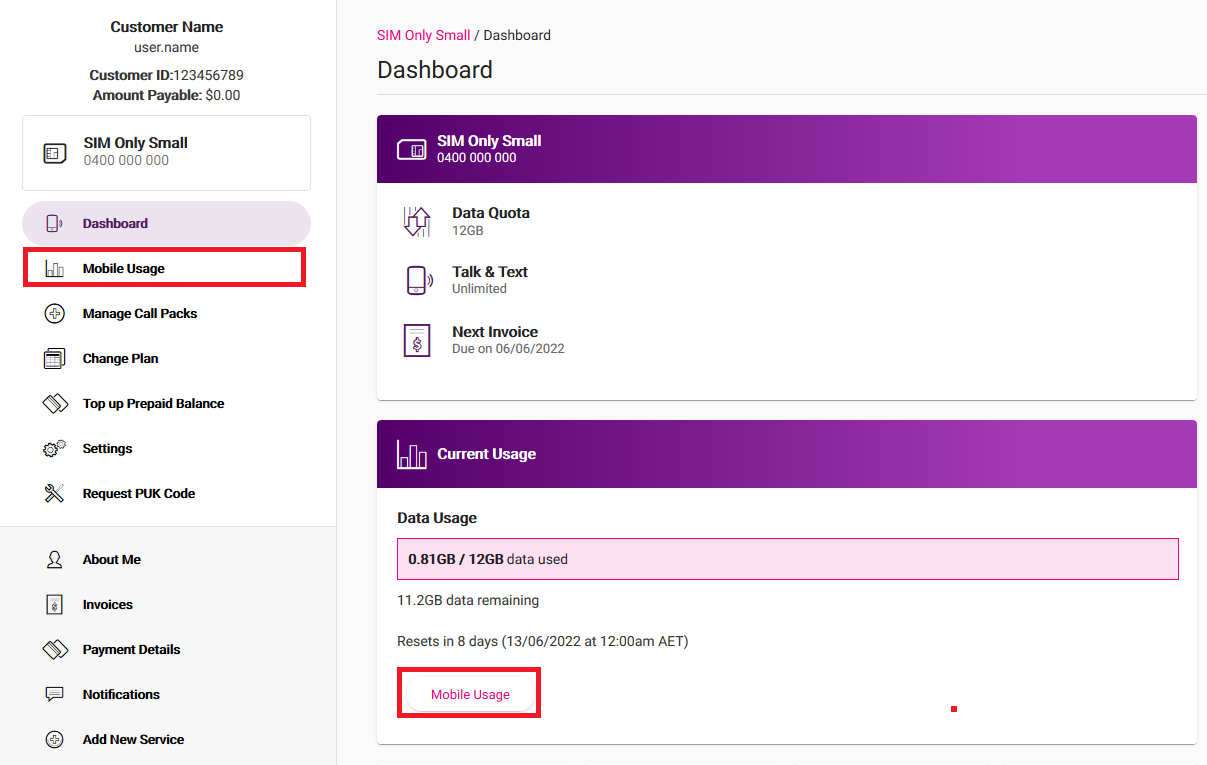My Account - Mobile Usage