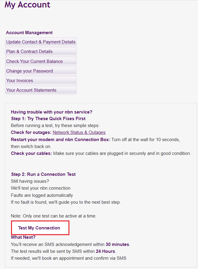 My Account nbn service test