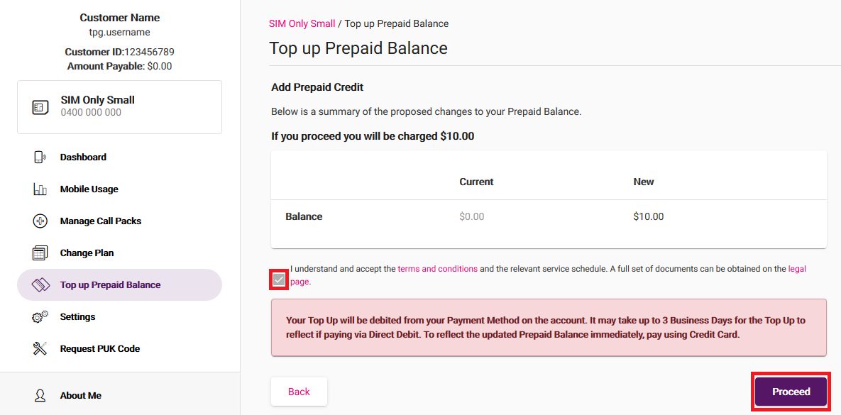 My Account - Top Up Prepaid Balance Confirmation