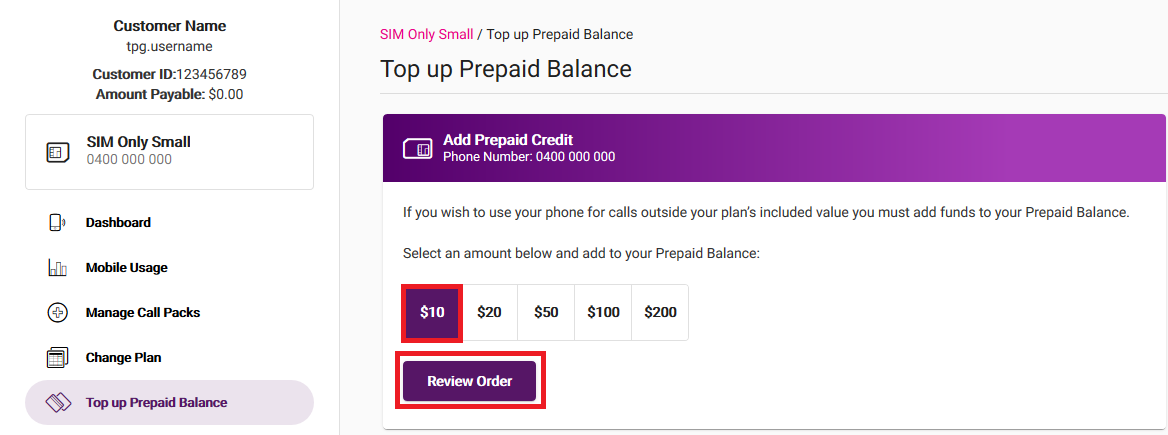 My Account - Top Up Prepaid Balance