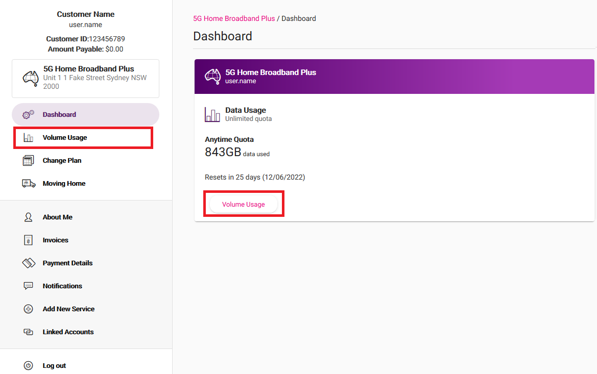 My Account - Volume Usage button