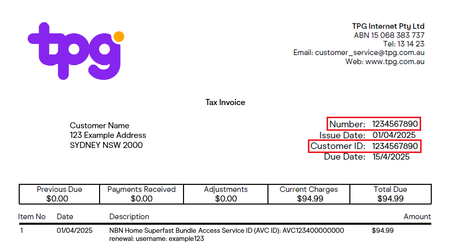 TPG invoice example - Section showing invoice Number, Issue Date, Customer ID and Due Date.