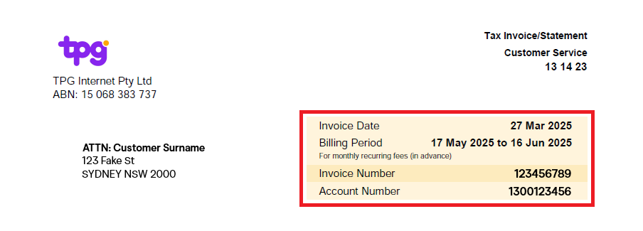 TPG invoice example - Section showing invoice date, billing period, invoice number and account number.