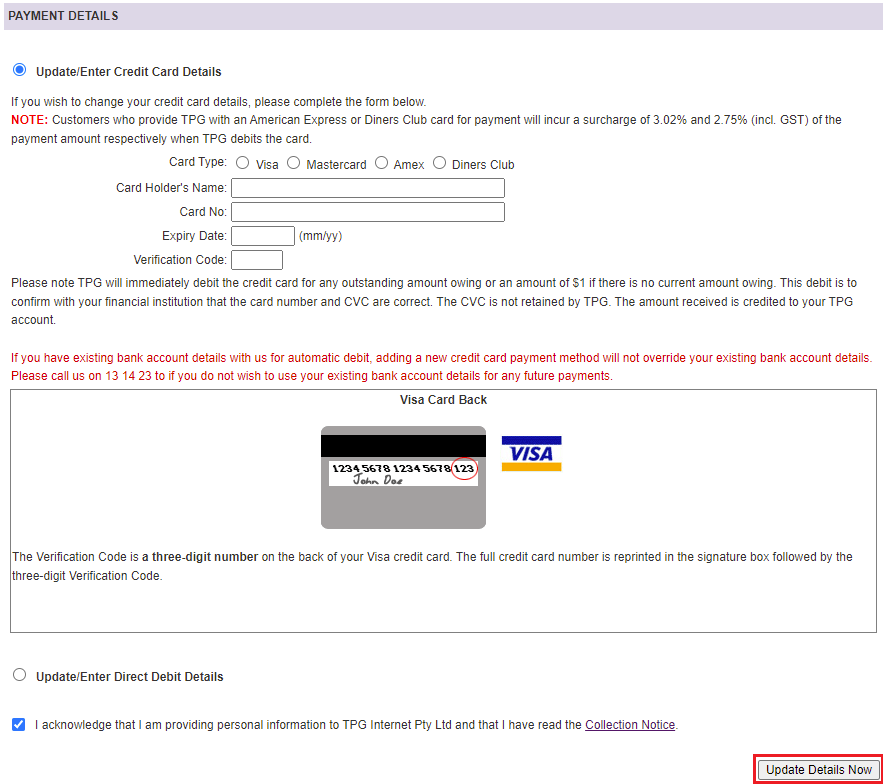 My Account - Credit Card details entry