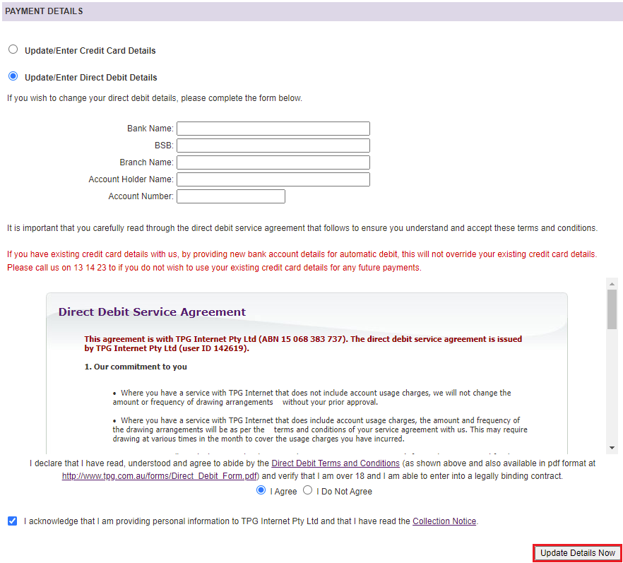 My Account - Direct Debit details entry