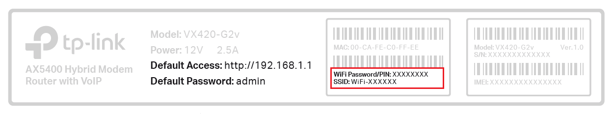 TP-Link VX420-G2v Modem Barcode Sticker - Wi-Fi Name and Password
