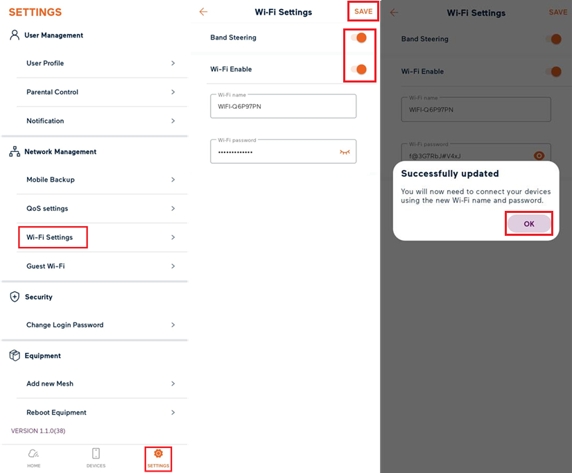 My Internet Connect app Wi-Fi settings