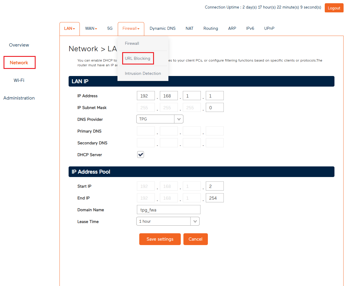 URL Blocking settings