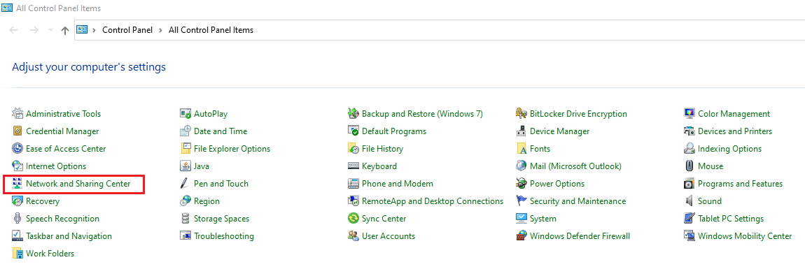 Control Panel Network and Sharing Centre