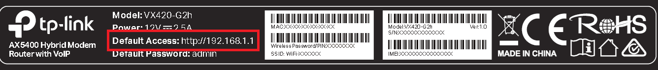 Barcode sticker example showing Default Access: http://192.168.1.1